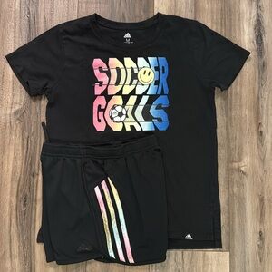 Adidas Black Tee and Shorts rainbow, soccer girls, size 10 12 medium